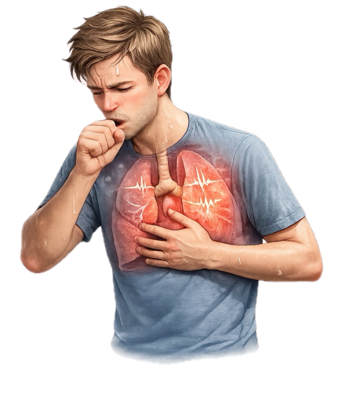 Bei einem Asthmaanfall können Atemnot, Husten und pfeifende Atmung auftreten.