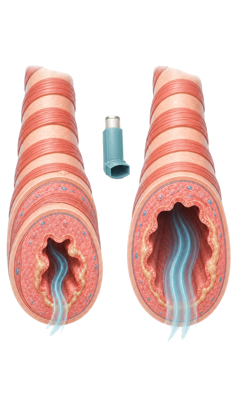 Vergleich eines verengten und eines durch ein Inhalationsmedikament erweiterten Bronchus