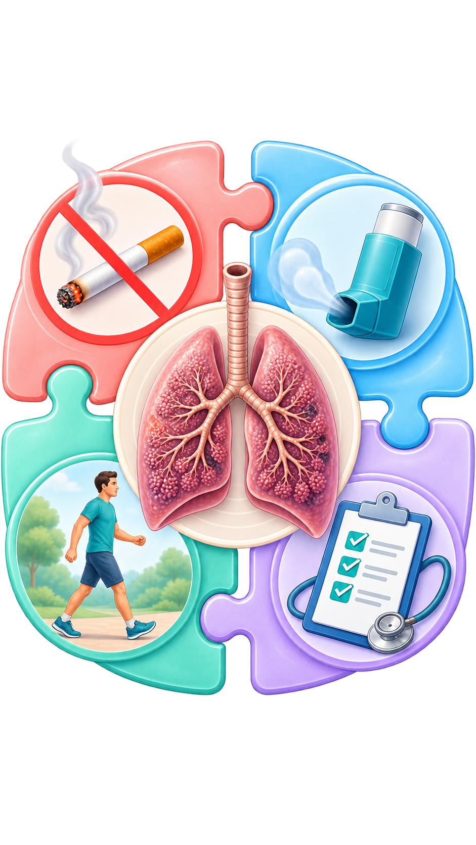 COPD-Lunge umgeben von Puzzleteilen für Rauchstopp, Inhalation, Bewegung und Verlaufskontrolle