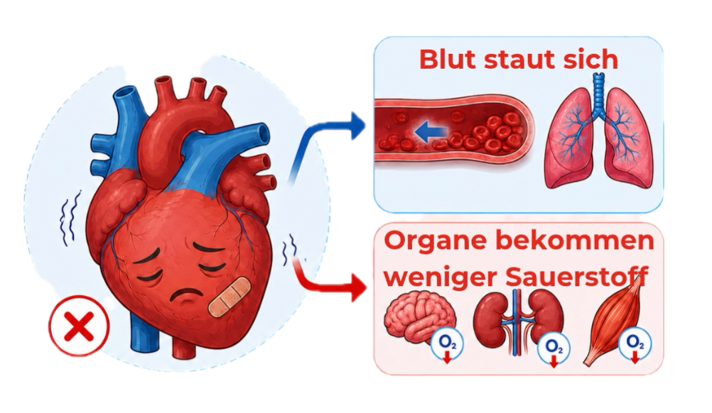 Bei schwacher Pumpfunktion kann sich Blut zurückstauen und Organe können weniger Sauerstoff erhalten.