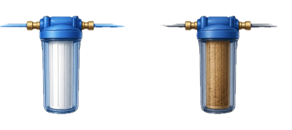 Ein zunehmend verschmutzter Wasserfilter veranschaulicht die eingeschränkte Reinigung.