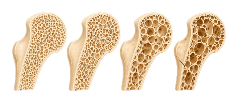 Bei Osteoporose wird die innere Knochenstruktur zunehmend porös.