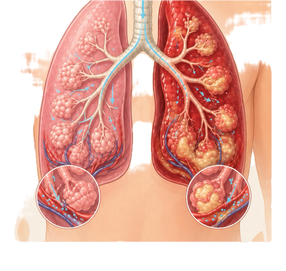 Bei einer Pneumonie sind Teile der Lunge entzündet und Lungenbläschen können sich füllen.