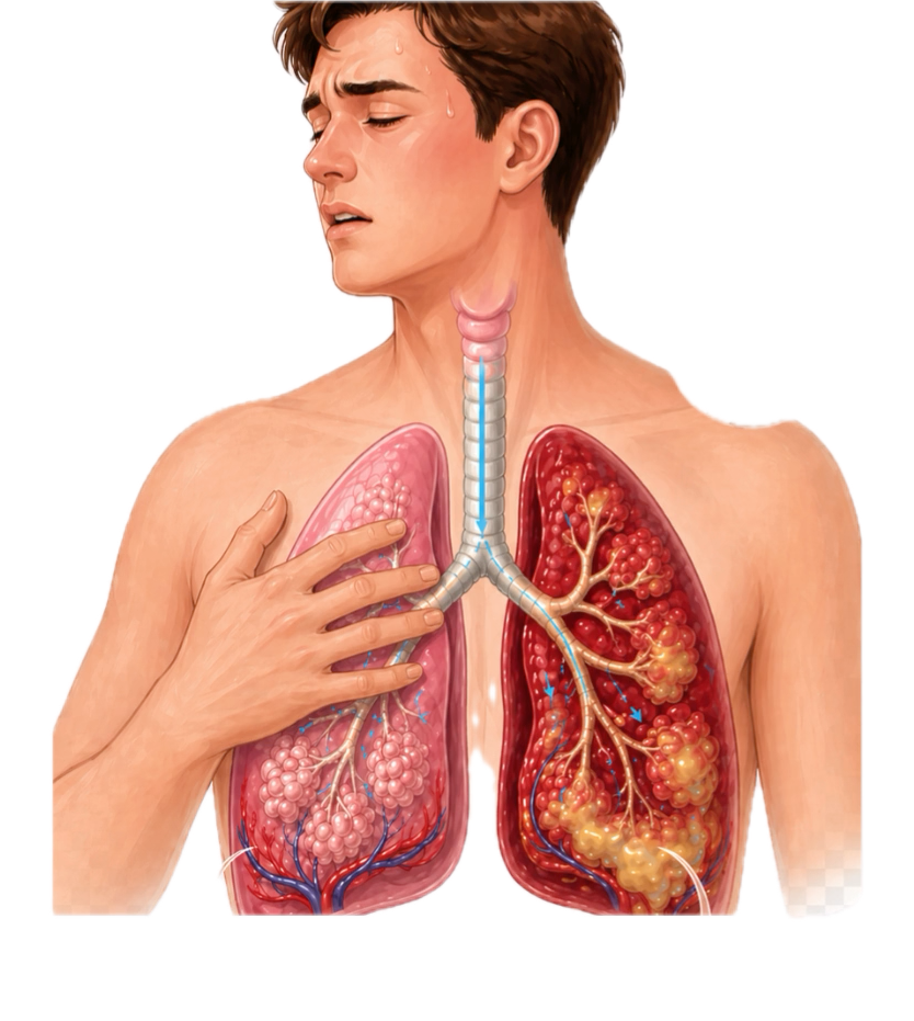 Eine Pneumonie kann Husten, Fieber, Brustschmerzen und Atemnot verursachen.