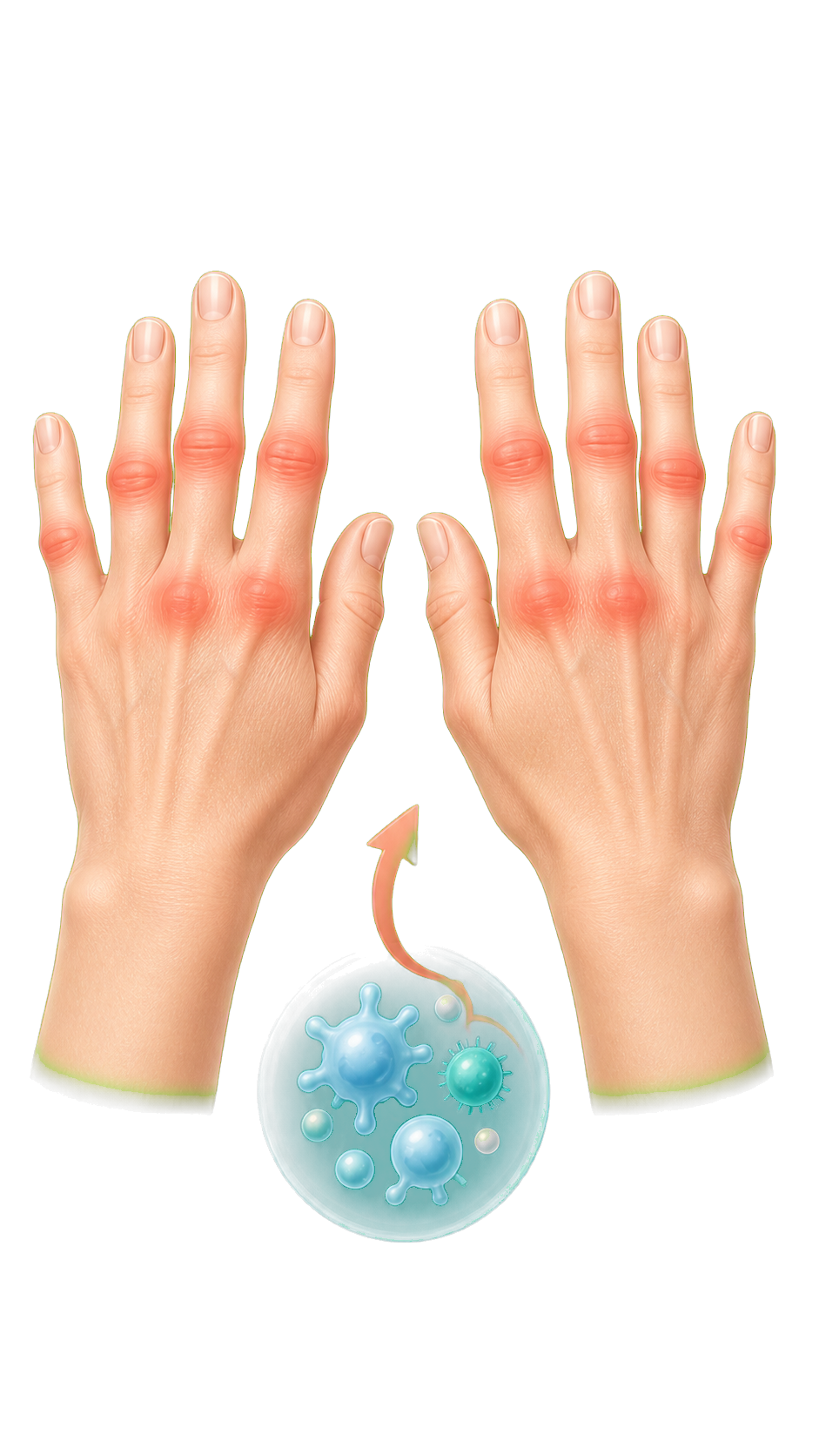 Beide Hände mit symmetrisch geröteten Finger- und Grundgelenken sowie Immunsymbol