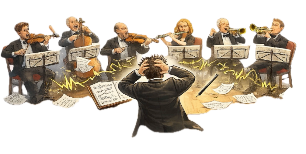 Ein Orchester ohne gemeinsamen Takt dient als Vergleich für das elektrische Chaos.