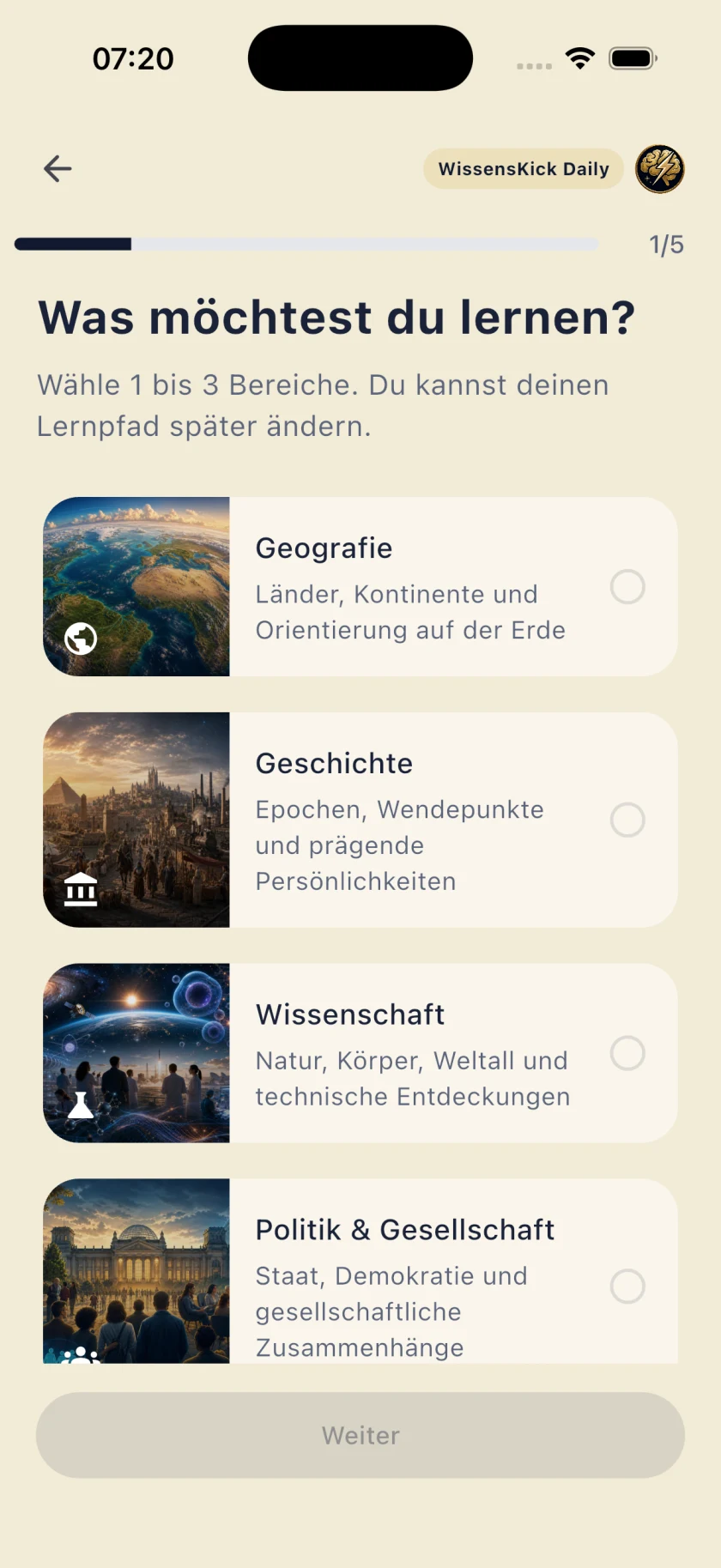 Auswahl persönlicher Interessen in WissensKick Daily
