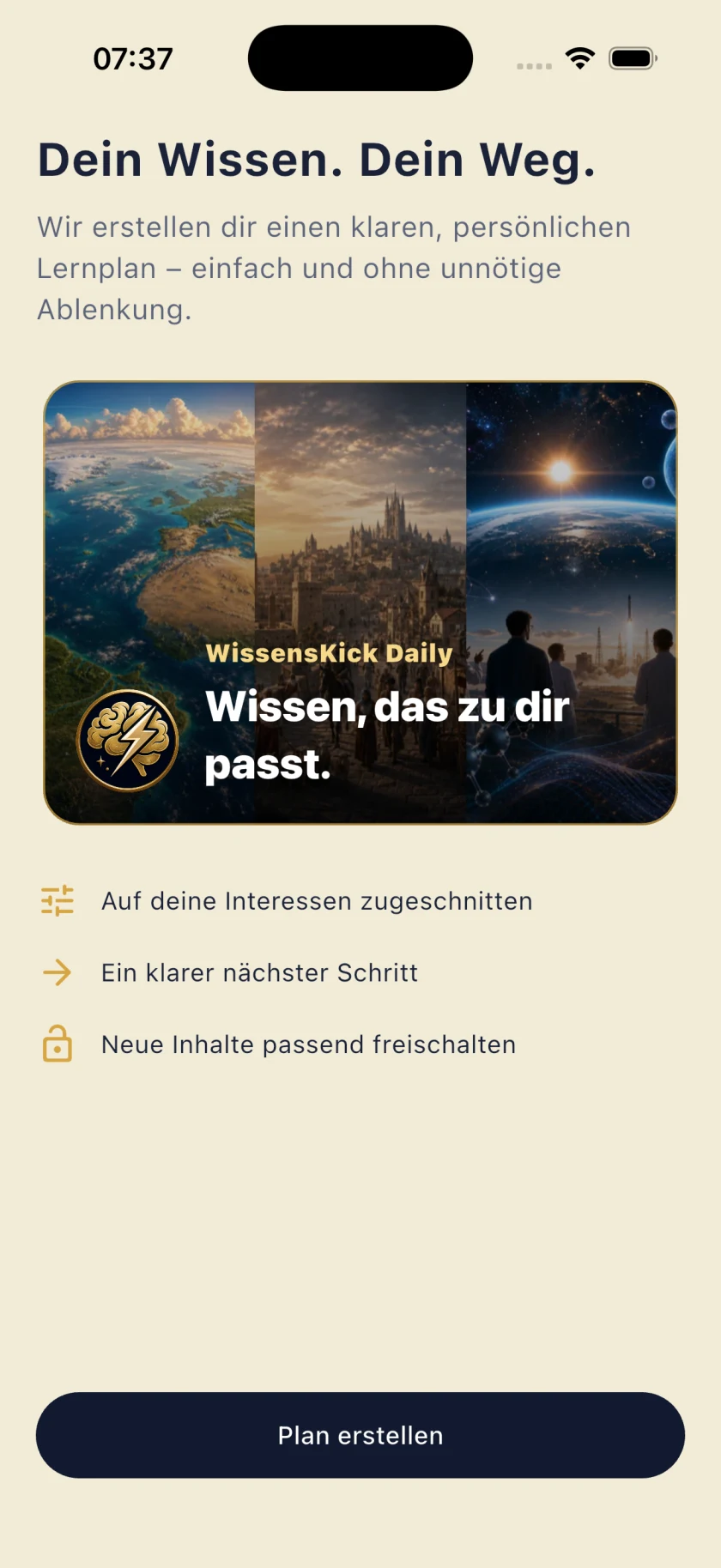 WissensKick Daily zeigt einen persönlichen Lernplan unter dem Motto Dein Wissen. Dein Weg.