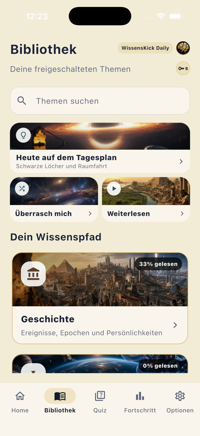 Personalisierte WissensKick-Bibliothek mit Tagesplan und Wissenspfad