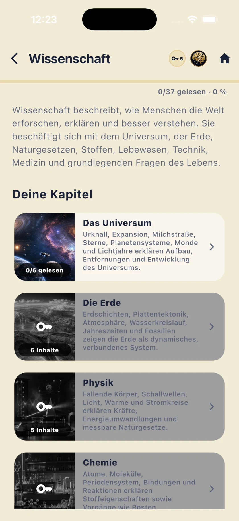 Wissenschaftskapitel mit sichtbarem Lesefortschritt und freischaltbaren Inhalten